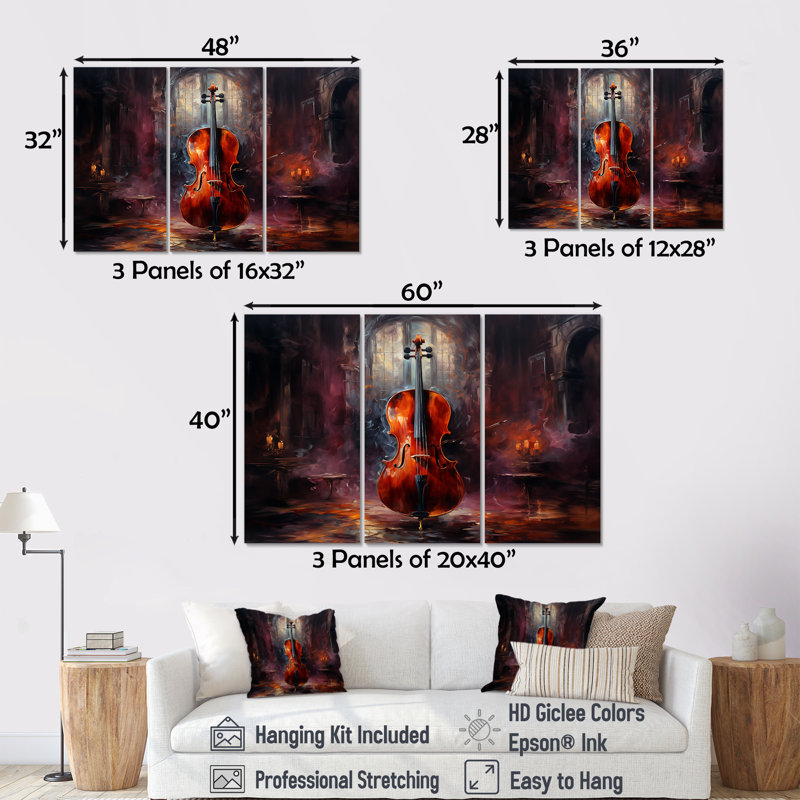 «Cello Charisma Deep Burgundy IV», ensemble d'art mural sur toile, H 32 po x l 48 po x P 1 po