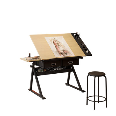 Table de dessin réglable avec 2 tiroirs pour bureau à domicile et école avec tabouret (érable)