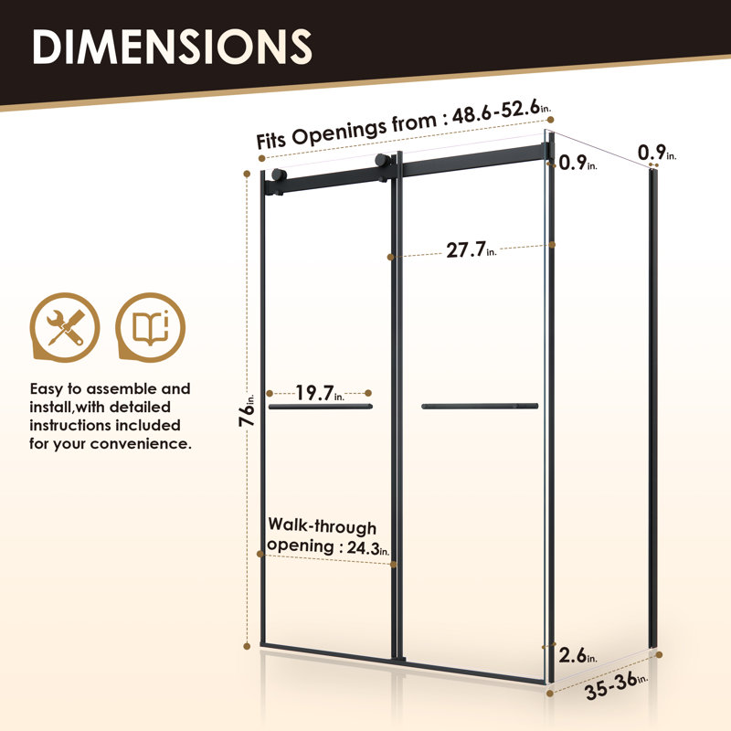 Belizzi 52" W x 76" H Frameless Matte Black Shower Enclosure with Clear Glass
