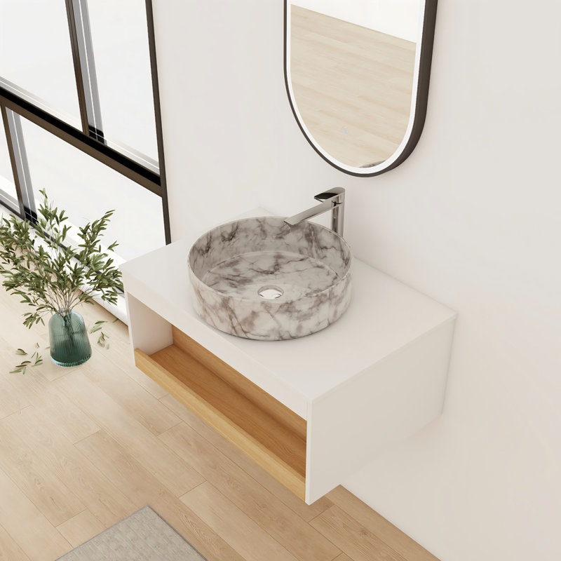 Meuble-lavabo flottant simple 30 po avec lavabo vasque en céramique, Blanc avec motifs gris, 30"