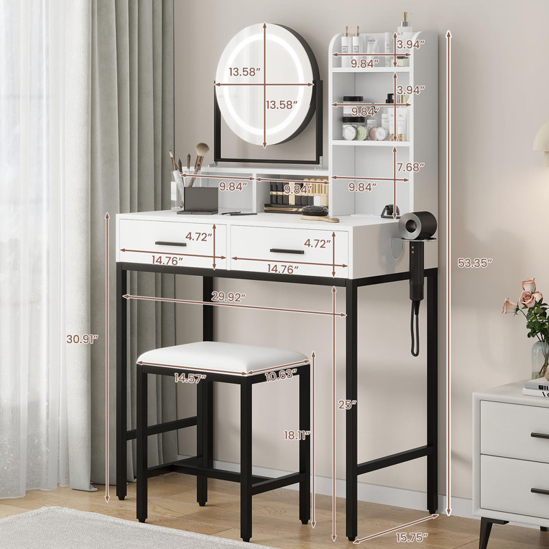 Vanity Desk with Rotating Mirror and Storage Shelves, Makeup Vanity Desk with Lights 3 Colors, Wood Vanity with 2 Drawers, Stool, Power Outlet, for Bedroom, Dressing Room