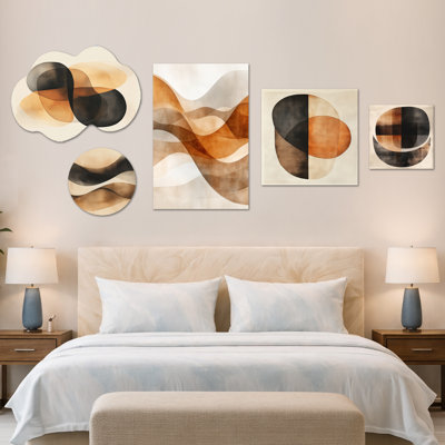 «Brown Minimal Curves - Oversized Orange Abstract Wall Decor», ensemble de 5 impressions murales sur toile et métal (100 po x 40 po)