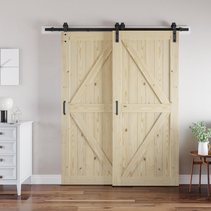 Panelled Solid Wood Unfinished Sliding Bypass Barn Door Double Doors with Hardware Kit, 51" x 80"