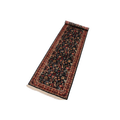 Tapis de couloir noir / rouge en laine noué à la main 3 pi 2 po x 12 pi 4 po Overbeck