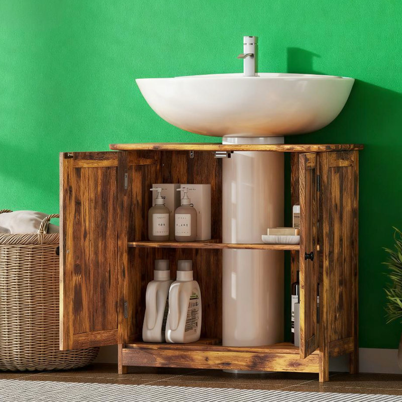 Meuble-lavabo rustique brun sous le lavabo, 2 portes, tablette réglable, en U pour maximiser le rangement, solide, meuble-lavabo d'une capacité de poids total de 33 lb, peu encombrant, convient à différents types de meubles,