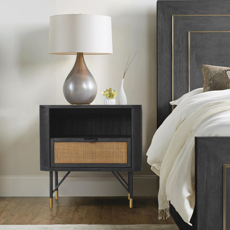 Table de chevet Saratoga en acacia noir avec rotin