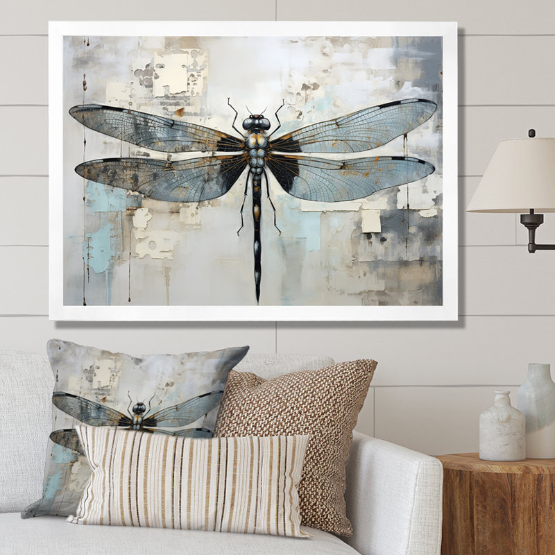 Dragonfly Delight IV - Libellule, art mural, Cadre simple blanc, H 16 po x l 32 po x P 1 po