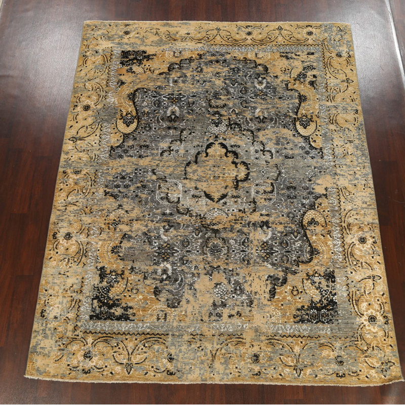 Tapis gris noué à la main de conception unique 8 pi 1 po x 10 pi 4 po New Age