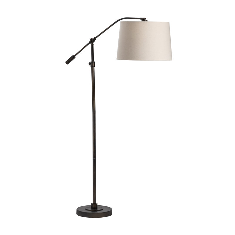 Black And Bronze Arc Floor Lamp With Tapered Drum Linen Shade.