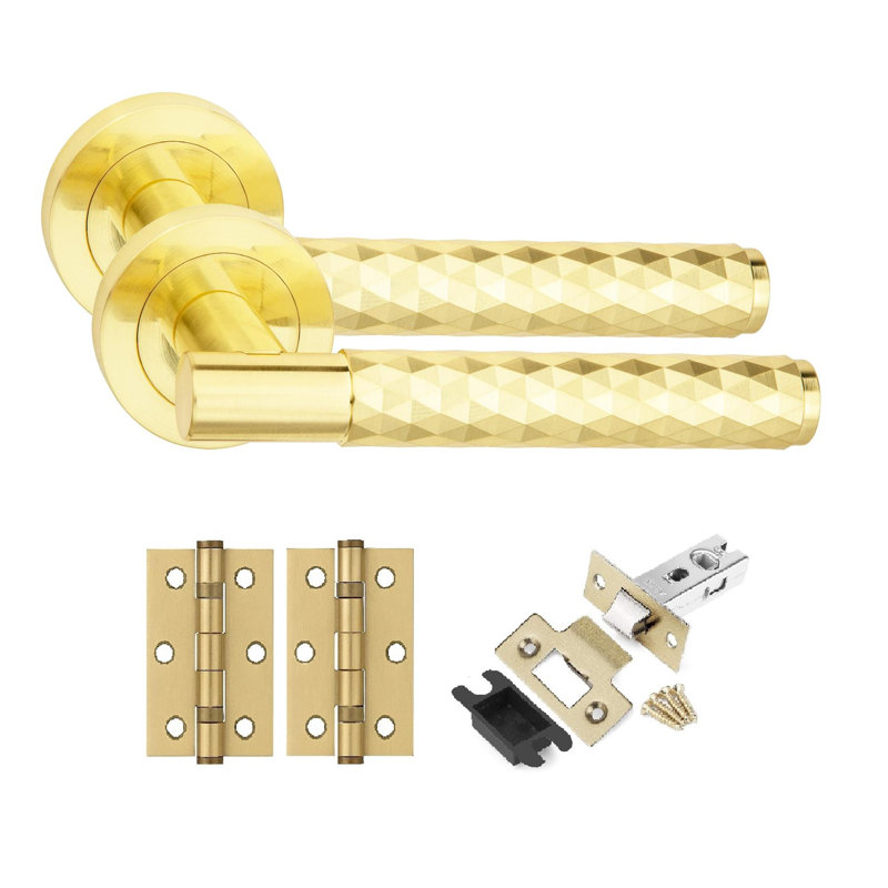 Golden Grace 5 Set Knurled Diamond Cut T-Bar Door Handle Set with Ball Bearing Hinges and Latch