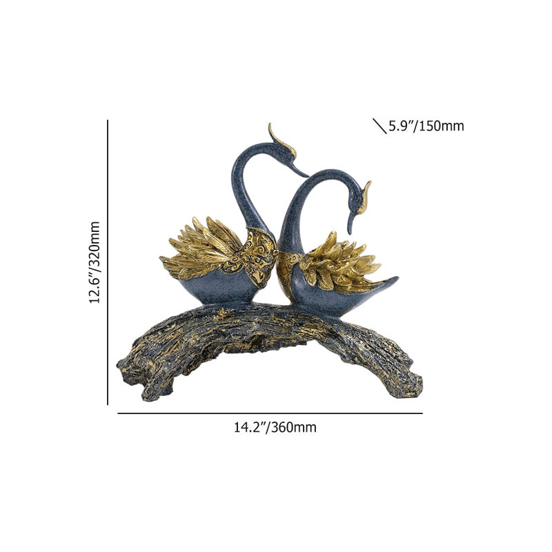14.2" Gold Modern Simulation Couple Swan Sculpture Art Ornament Home Table Statue Decor, Blue/Black/Gold