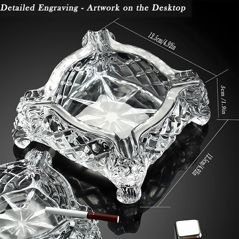 Cendrier carré en verre de cristal 5 po - Accessoire de luxe à grande capacité pour la maison et le bar