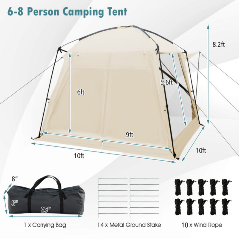 Tente de camping en forme de dôme pour 6 à 8 personnes avec sac de transport à parois latérales en filet