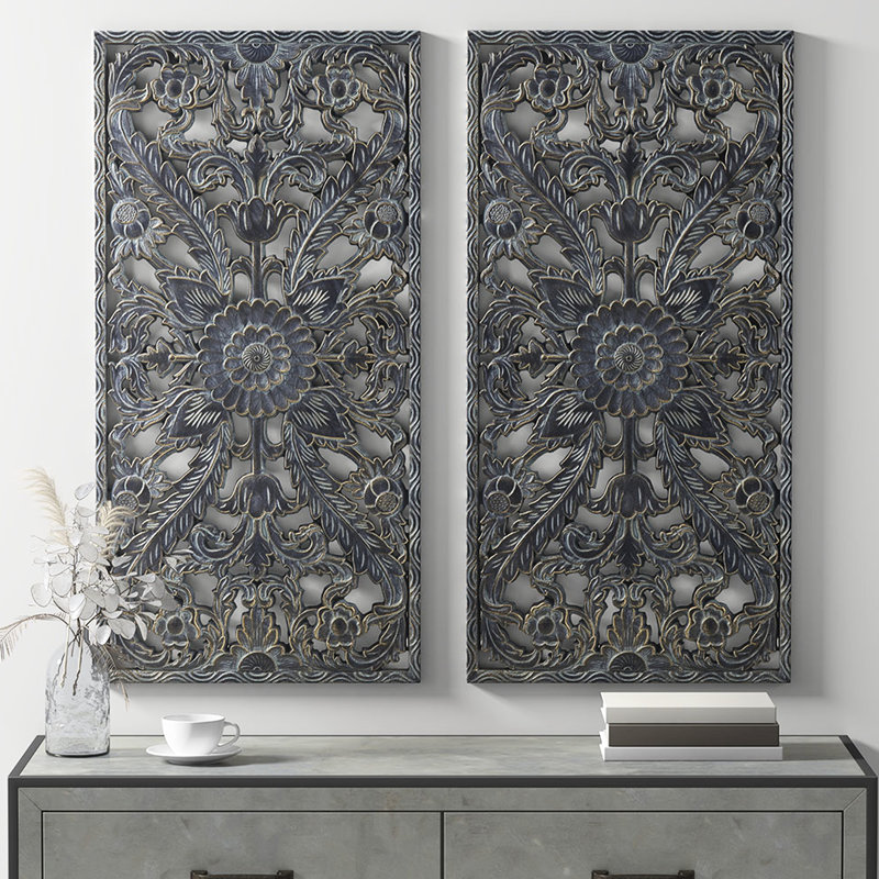 2 panneaux décoratifs muraux décoratifs décoratifs en lotus bleu et gris patiné