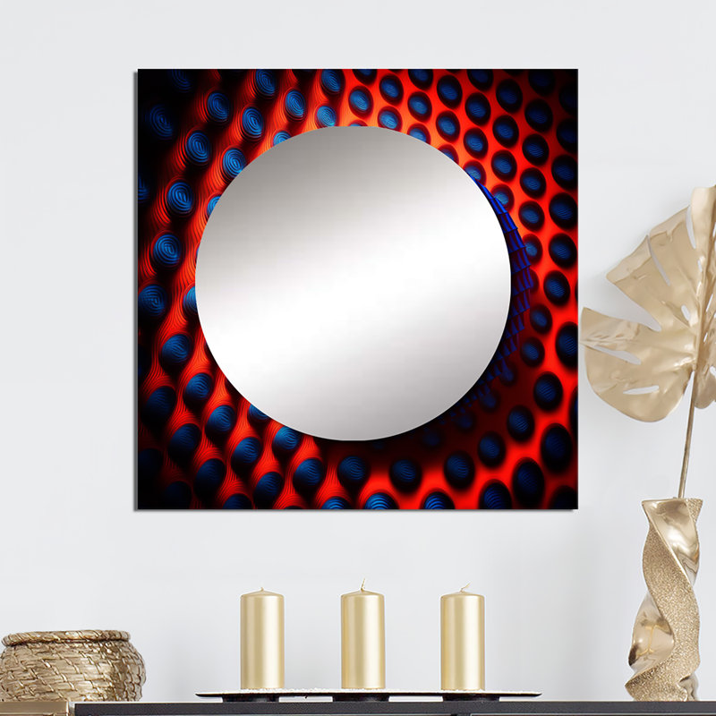 Portail Moire Matrix en rouge et bleu - Miroir carré géométrique moderne pour décoration murale, 23 po x 23 po