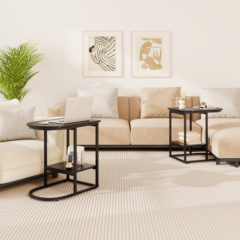 Table de bout compacte à 2 niveaux avec rangement à 2 niveaux pour petits espaces, Noir