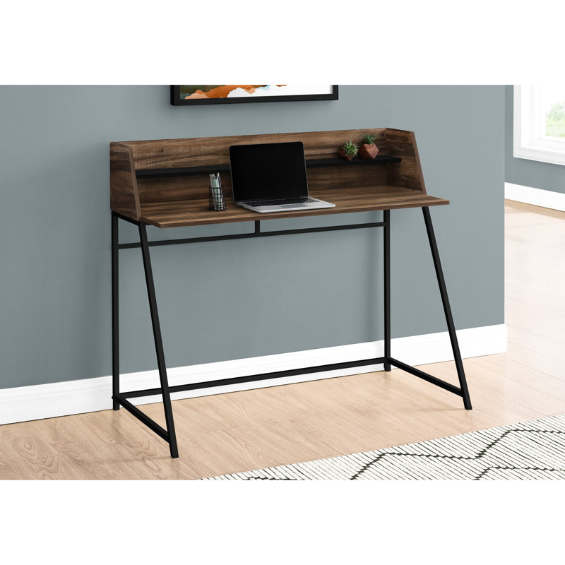 Structure de bureau d'ordinateur moderne, l 48 po, stratifié brun et métal noir, tablettes de rangement pour table contemporaine avec détails en métal