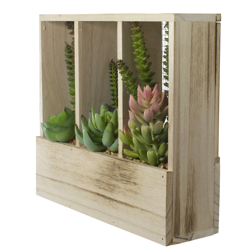 11" Artificial Mixed Succulent Arrangement In A Wooden Planter Box