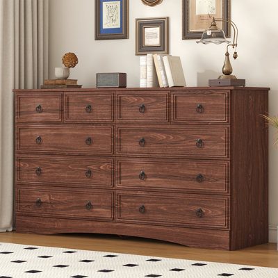 55 Inch Dresser for Bedroom, 10 Drawer Dresser with Large Drawers, Mid Century Modern Wide Wood Chest for Living Room, Hallway, Cherry Wood Color