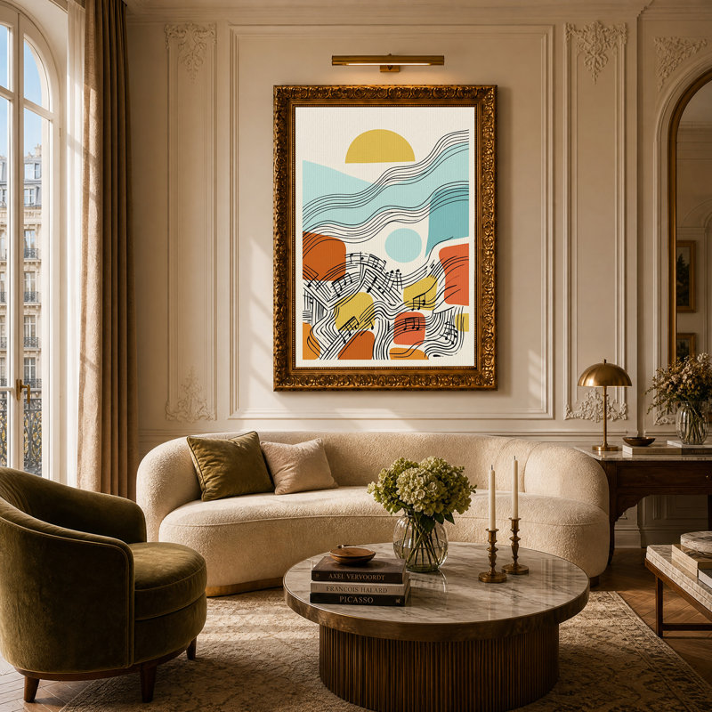 Tableau abstrait sur toile avec des notes de musique et des lignes ondulées, H 24 po x l 16 po