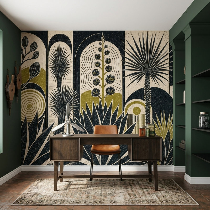 Murale botanique vert Mute, 120 po x 96 po, Peler et coller