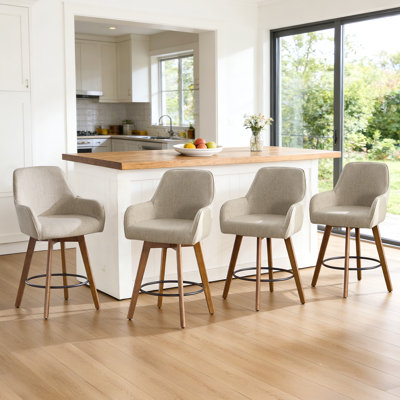 Set of 4 Swivel Upholstered 25'' Counter Stool with Solid Wood Frame & Full Back Arms