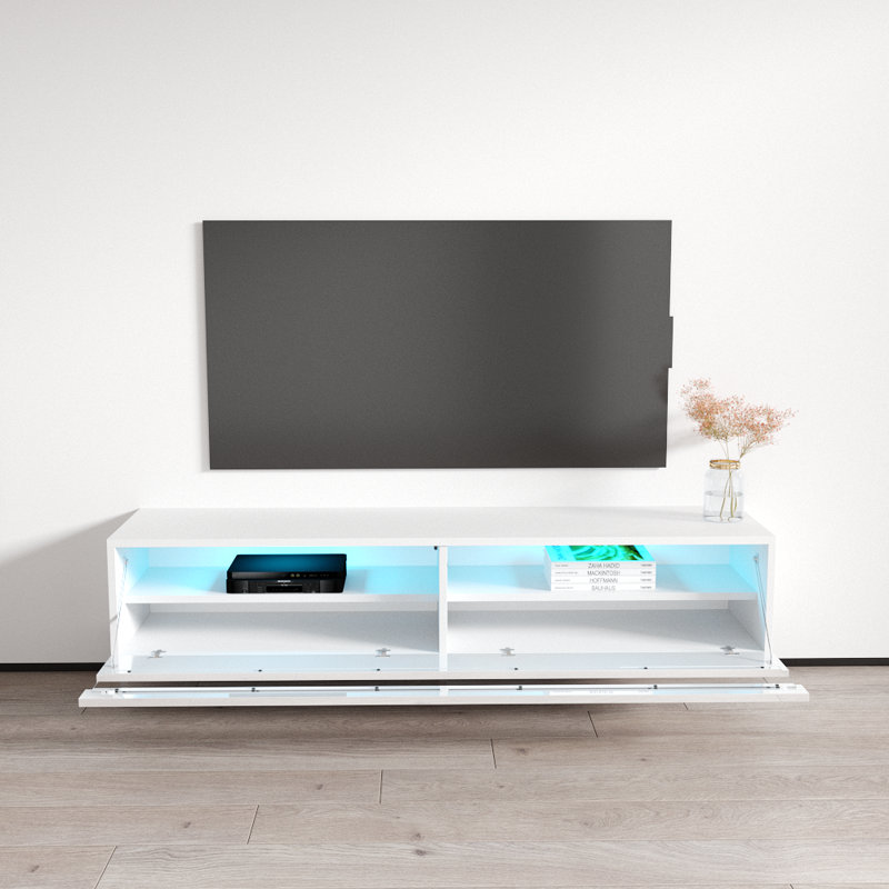 Fly 63" Modern Floating Wall Mounted TV Stand with LED Lighting, High Gloss Finish, White