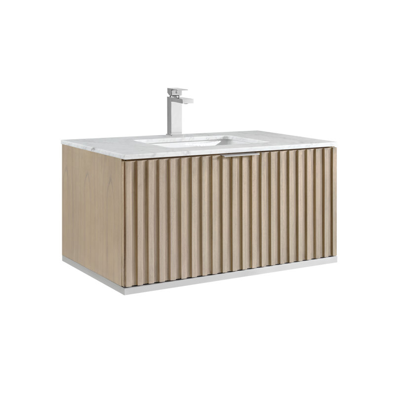 Terra 36'' Single Bathroom Vanity with Top, Carrara Marble/Single Faucet Mount, Cashmere Gray, Brushed Nickel