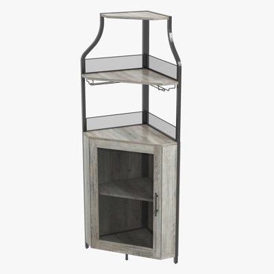 Vintage Corner Wine Bar Cabinet – L-Shaped Liquor Storage with Detachable Wine Rack & Glass Holder – Industrial Mesh Door Buffet Sideboard for Dining Room, Kitchen – Gray