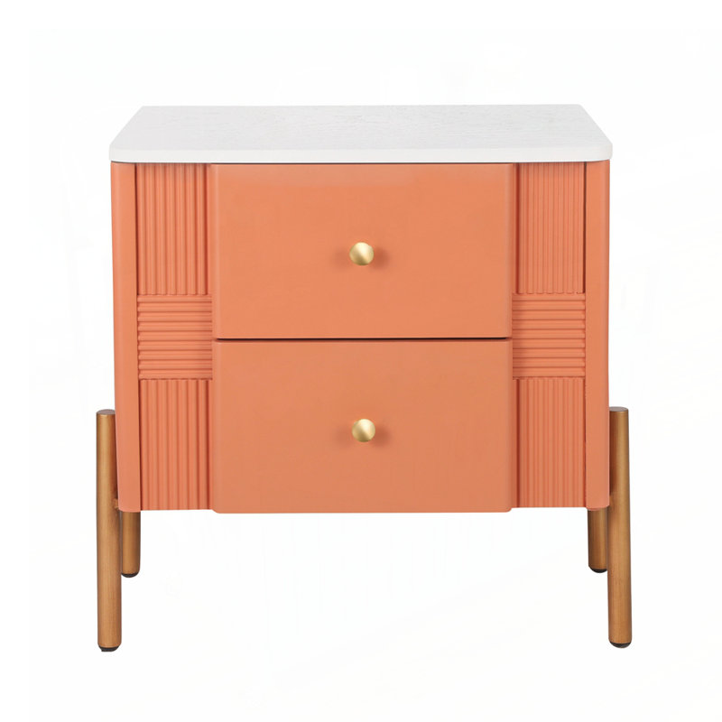Table de chevet moderne avec 2 tiroirs de rangement, conception cannelée et poignées en métal doré, idéale pour les chambres à coucher et les salons, facile à assembler