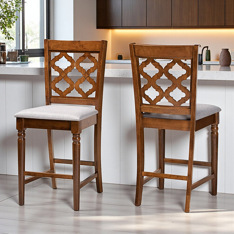 Wave Counter Stool Set with Gray Fabric and Walnut Brown Finish, 42.26'' H X 18.42'' W X 20.48'' D