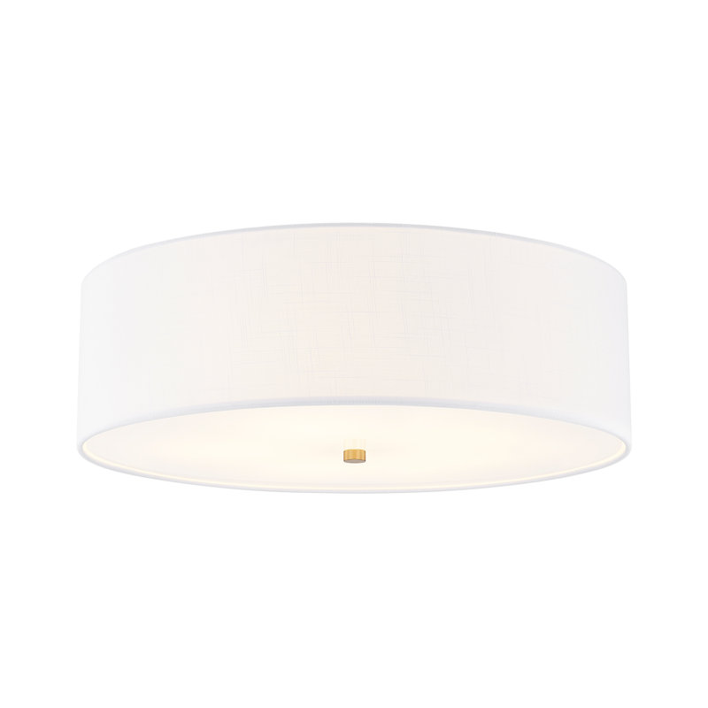 Textile - Classic Drum Flush-Mount -Linen Fabric Shade - 24"D x 24"W x 7.75"H, Brushed Brass, White