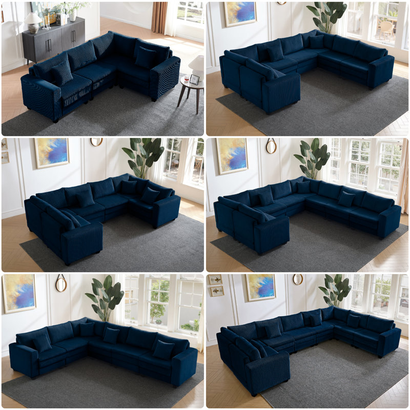 Canapé d'angle modulaire réversible en L Corduroy, Velours côtelé bleu