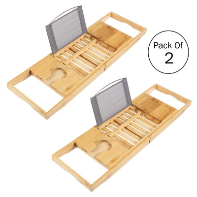 Plateau pour baignoire en bambou Francion - 2 tables de salle de bain en bois naturel avec côtés extensibles, porte-gobelet et support pour livre, téléphone intelligent ou tablette par Home-Complet