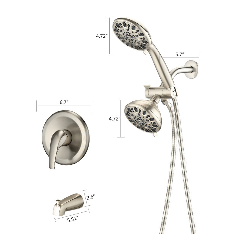 High Dual 2 In 1 Shower Valve With Tub Spout - Faucet. 7 Spray Modes. All Metal. Brushed Nickel System Valve. Patterns For A Soothing Bath. Wall Mounted