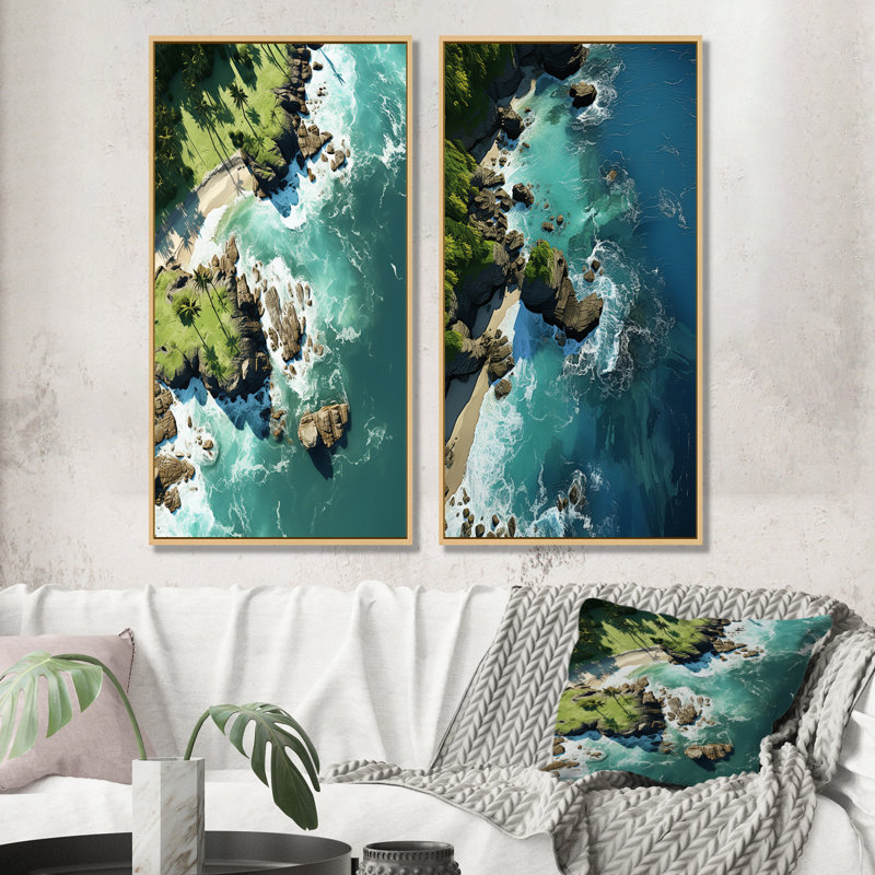 Vue aérienne sur une île tropicale I - ensemble d'art mural sur toile Coastal Beach, Encadrement brun, H 28 po x l 25 po