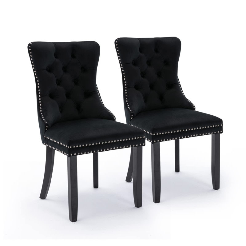 Friedrun Velvet Dining Chair Tufted Dining Room Chair with Solid Wood Leg, Black