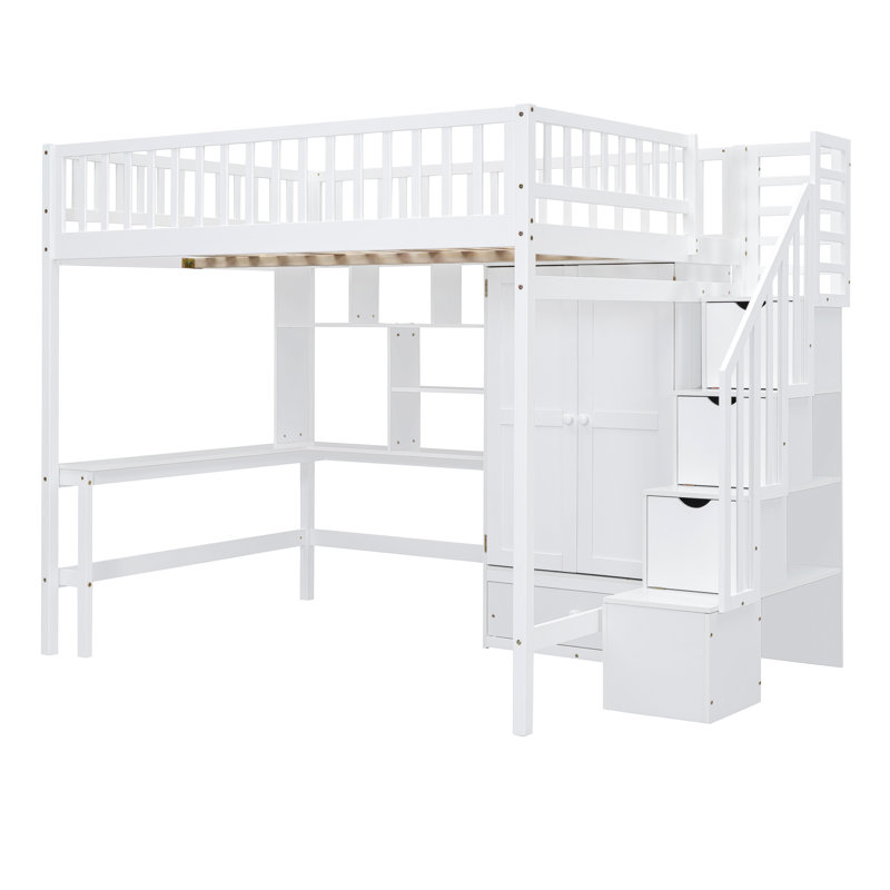Lit mezzanine double avec bibliothèque, tiroirs, bureau et garde-robe - blanc