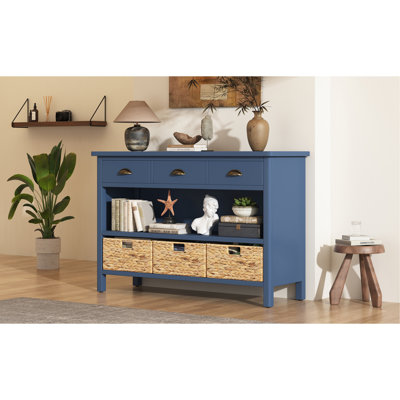 Console rétro avec 3 tiroirs de rangement, table d'entrée avec 3 paniers tissés en jacinthe d'eau, armoire-buffet en bois pour l'entrée, le couloir et le salon