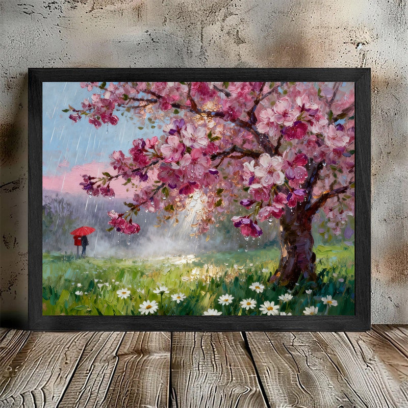 «Black Rainy Blossom Tree Art», impression de peinture de paysage printanier impressionniste, H 13 po x l 17 po