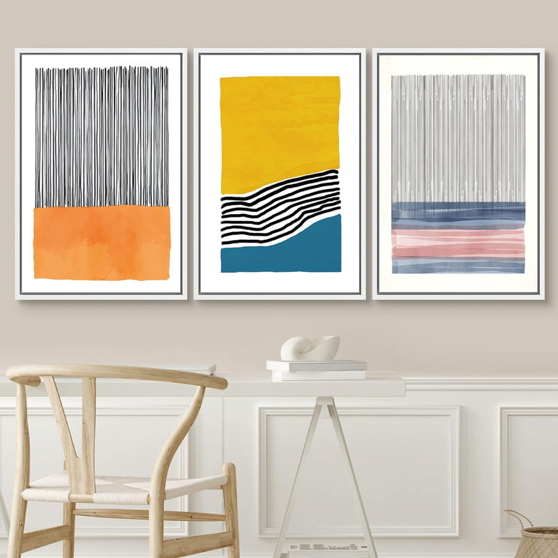 Abstrait, blocs de couleurs vives, orange, jaune, bleu et rose, blocs et lignes encadrés sur toile, impression de 3 pièces