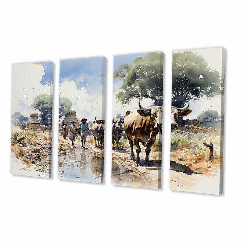 «Dinka», art tribal africain, art mural 4 pièces, H 32 po x l 64 po
