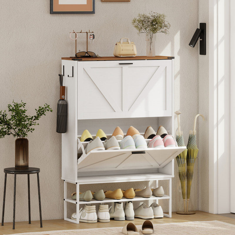 Armoire à chaussures étroite avec 2 tiroirs rabattables, Blanc