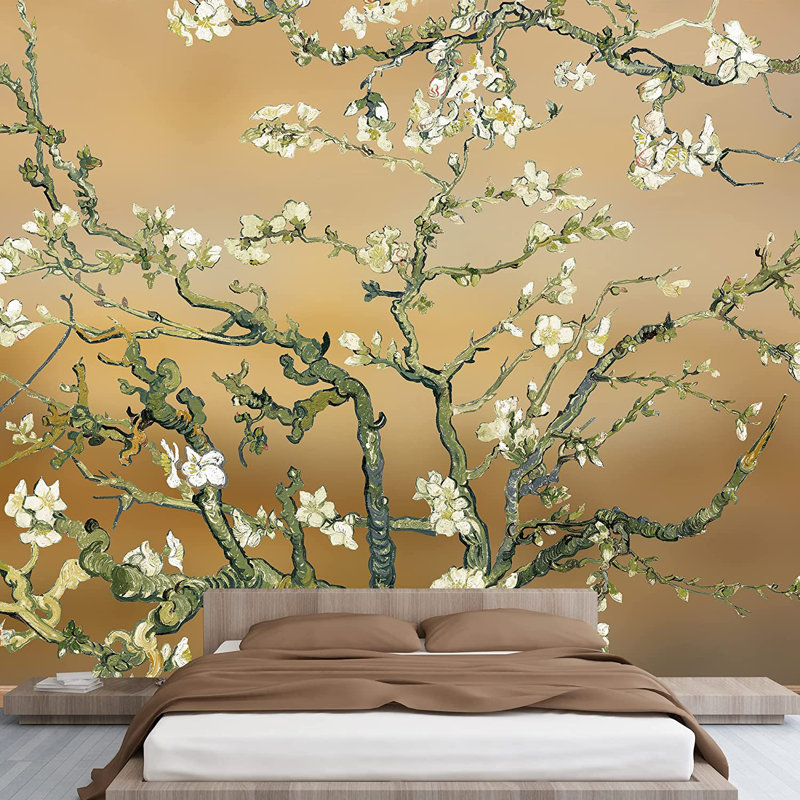 Almond Blossom Vincent Van Gogh, Floral Mural, Vintage Boho Removable Contact Paper, L 96 po x L 66 po, Brun lisse