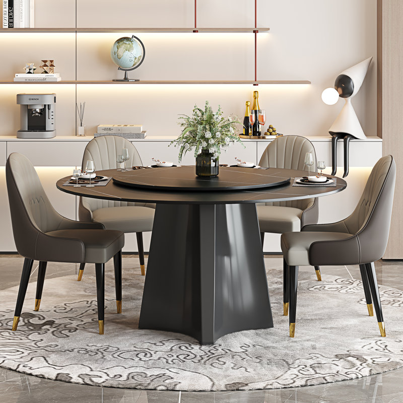 Table de salle à manger moderne en pierre frittée 51 po Modern, Noir, or, lauren