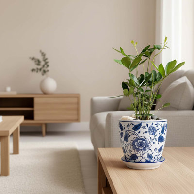 Jardinière en céramique de 8 pouces avec drainage et soucoupe, design chinoiserie bleu et blanc pour plantes d'intérieur