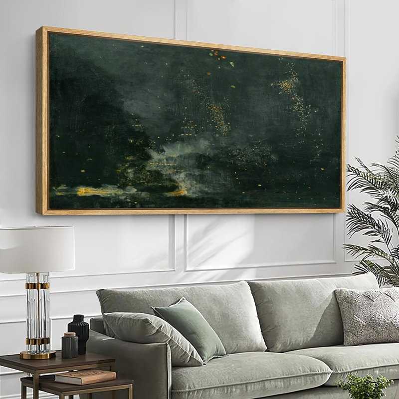 «Minimal Landscape Abstract Dark Green and Gold Flecks Modern Luxury», reproduction d'art sur toile, H 30 po x l 60 po