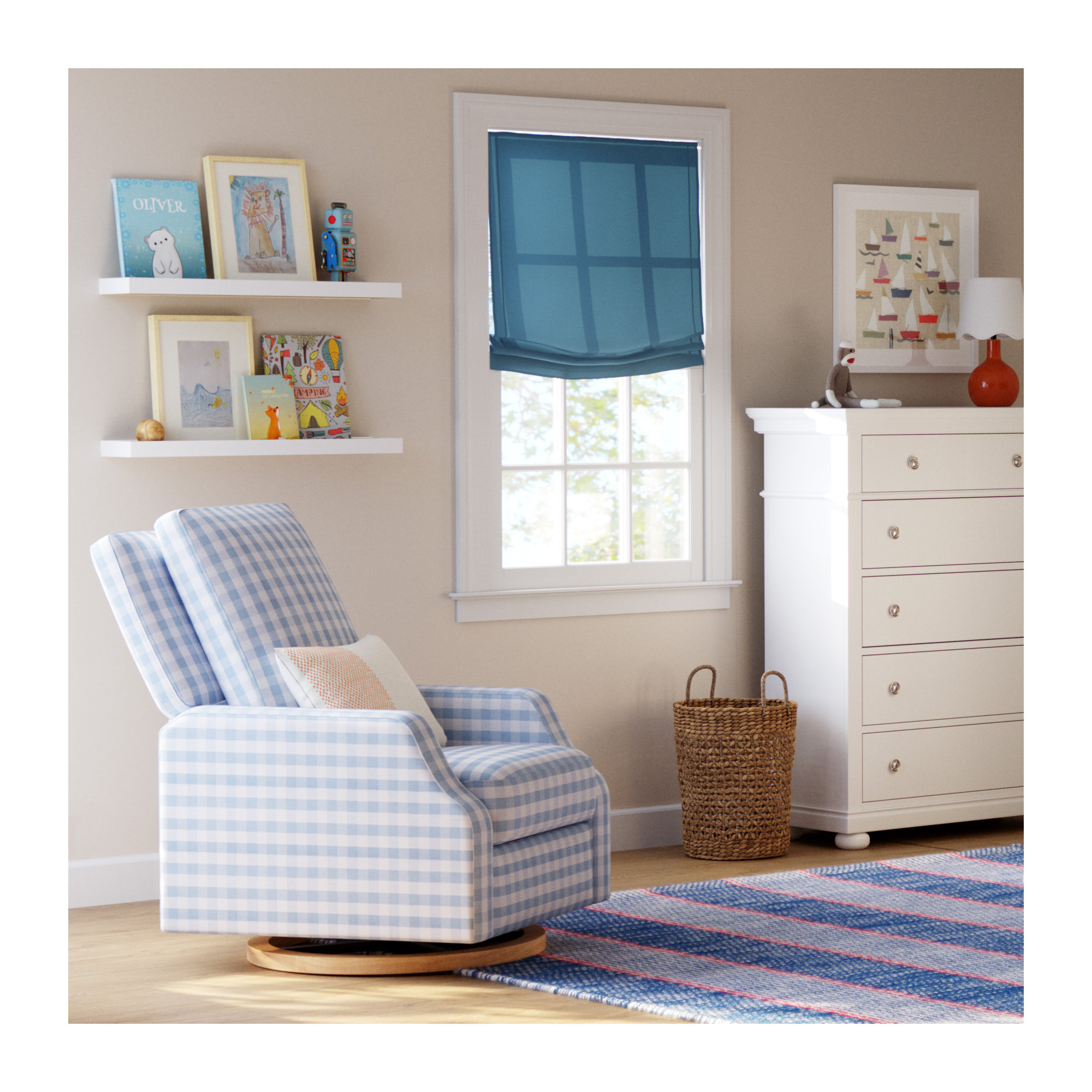 Crewe Recliner and Swivel Glider, Blue Gingham Polyester Blend