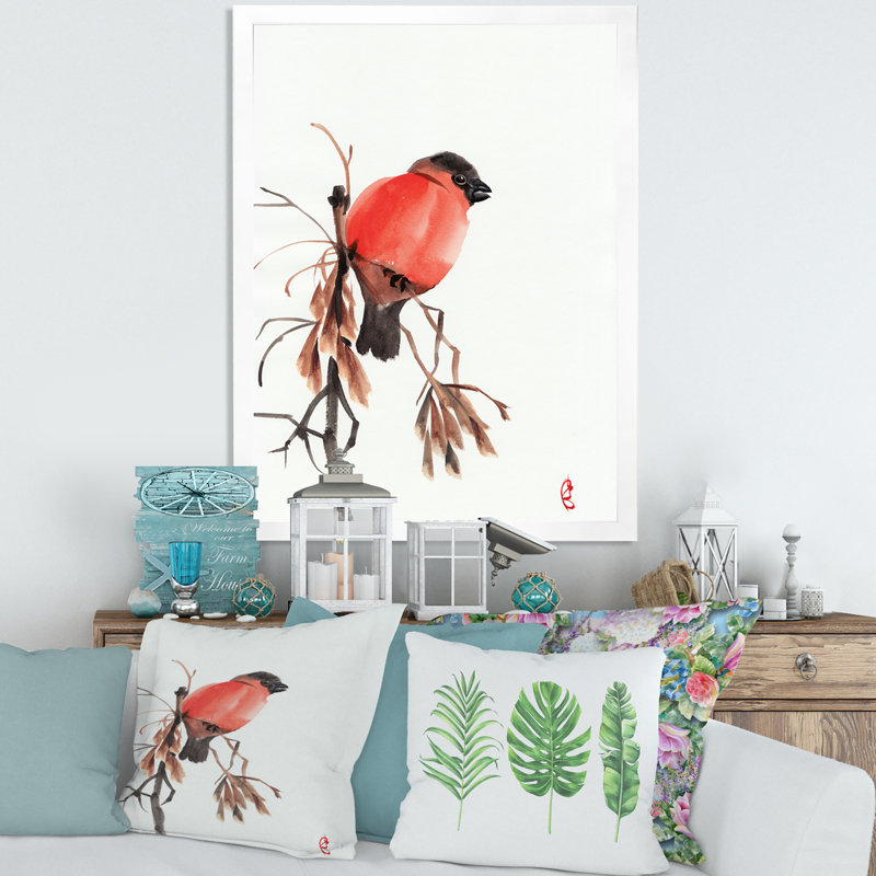 Bouvreuil rouge sur une branche - peinture sur toile, H 32 po x l 16 po x P 1,5 po, Toile blanche encadrée