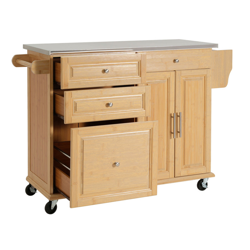 Îlot de cuisine intérieur en bambou avec plateau en acier inoxydable - Chariot mobile avec tiroirs, armoire et porte-serviettes pour la salle à manger et le bar